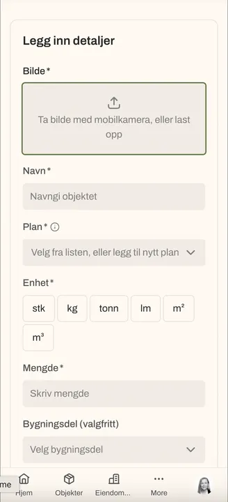 Rehub-appen på mobil: legg inn bilde, navn, mengde og bygningsdel i felt
