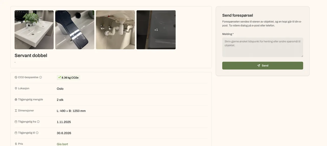 Annonse på Rehubs markedsplass med bilder, CO²-besparelse og send forespørsel