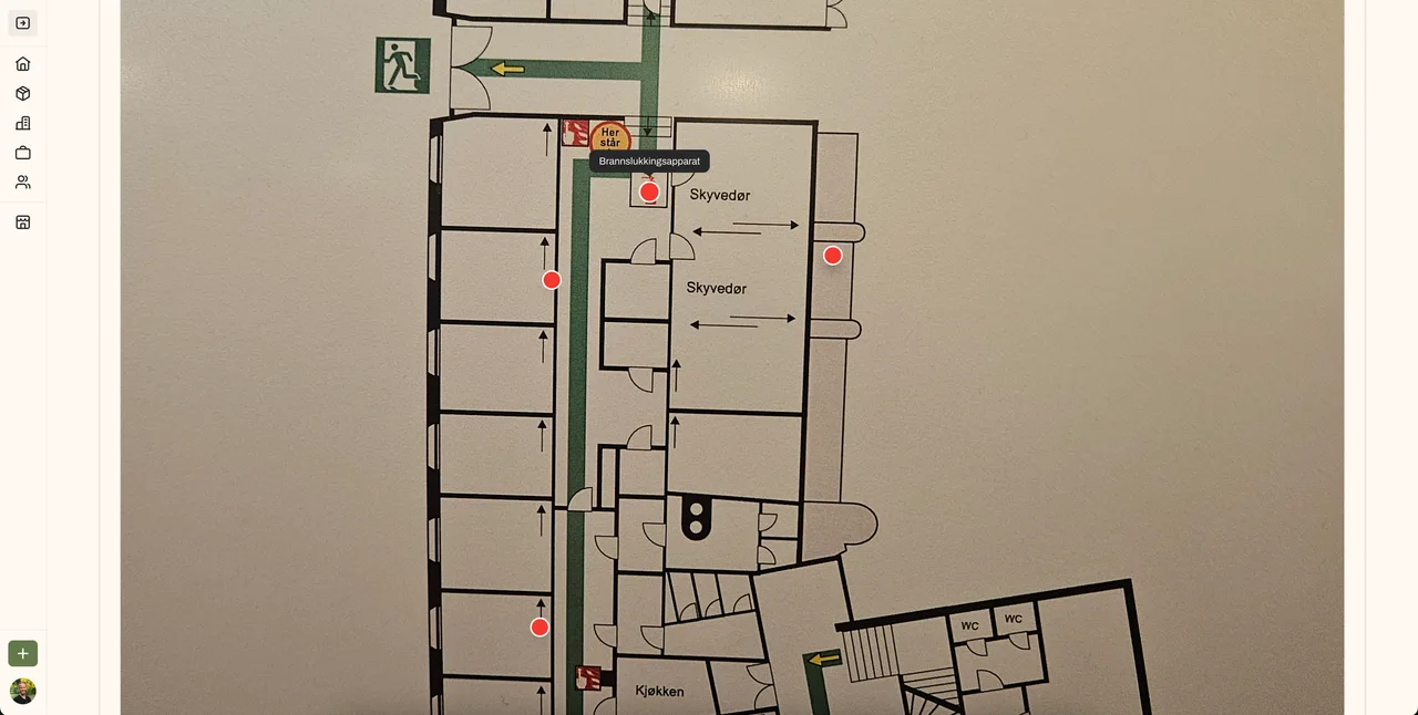 Plantegning i Rehub med kartlagte objekter plassert som markører